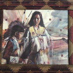 Indian Mother & Son Picture, Homemade Cloth Frame. 15 3/4" x 12 1/2". There Are Two Small Punch Holes Where Tacks Were Used To Hang It. One Top Of Boy
