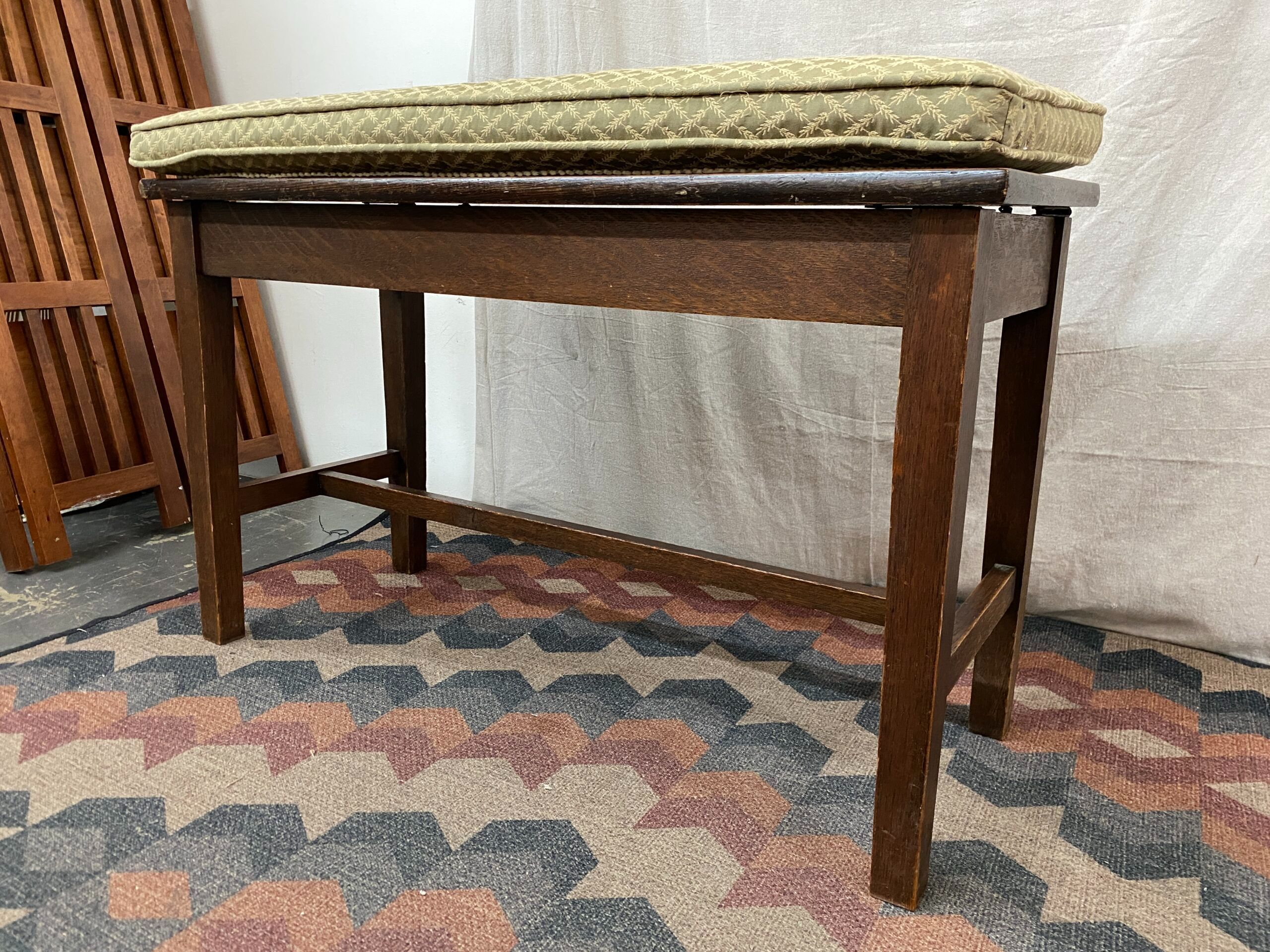 Vintage Wooden Storage Bench w/ Wheat Patterned Cushion