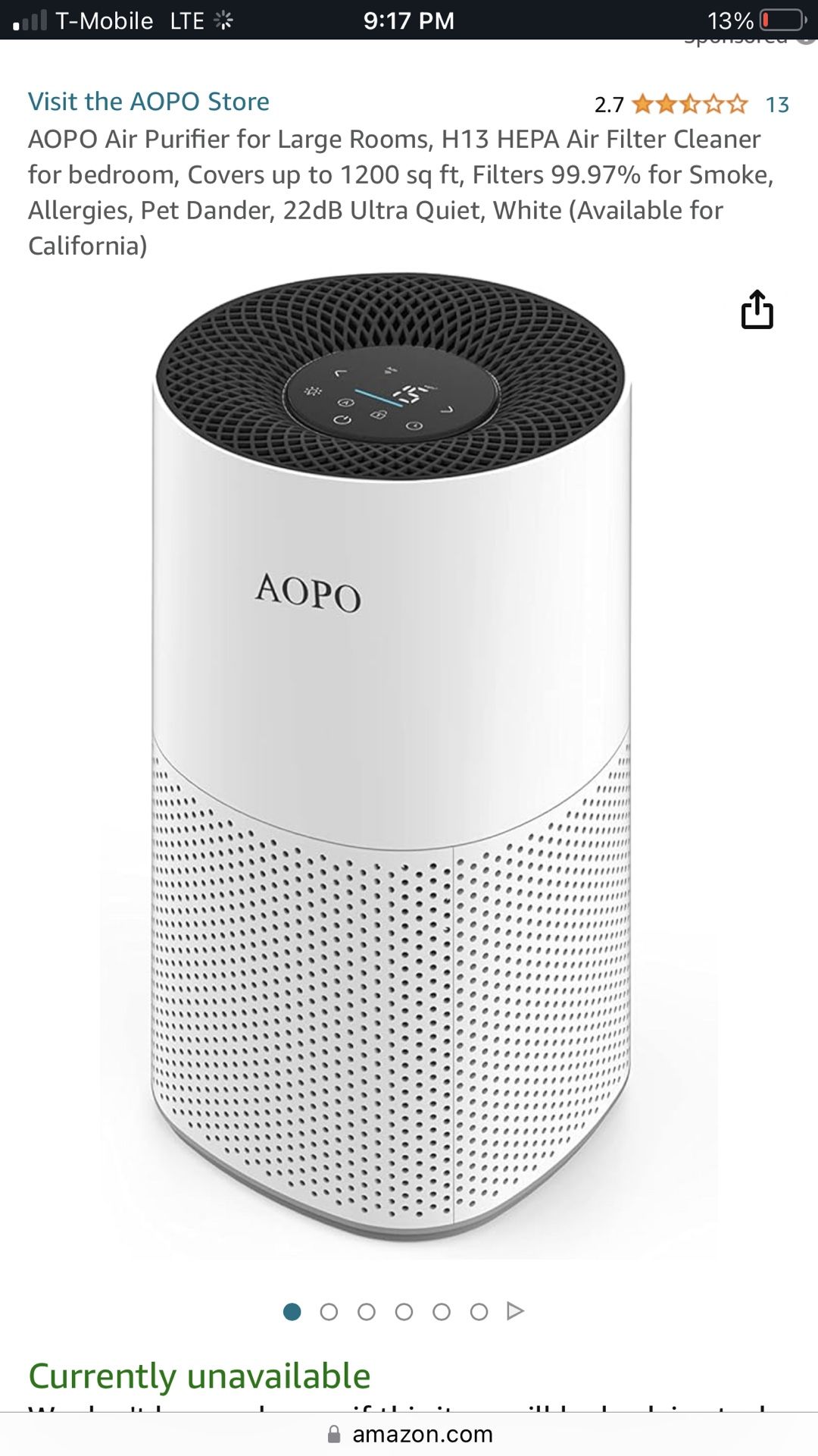 AOPO Air Purifier for Large Rooms, H13 HEPA Air Filter Cleaner/ Air Purifier Covers up to 1200 sq ft, Filters 99.97% for Smoke, Allergies, Pet Dander