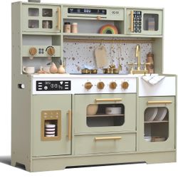 Kids Wooden Play Kitchen Set – Realistic Pretend Play Kitchen with Stove, Sink, Coffee Maker, Ice Maker & 15 Fun Accessories