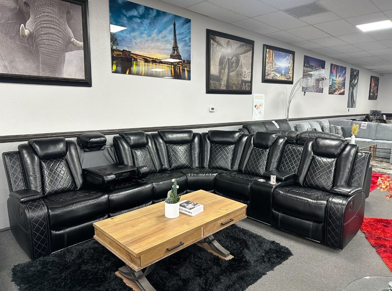 Black Leather Sofa Sectional w/ LED Lights & Power Recliners