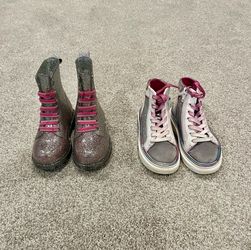 Set of 2 pair of toddler shoes. 9T glitter combat boots & 10T sparkle high top fashion sneakers