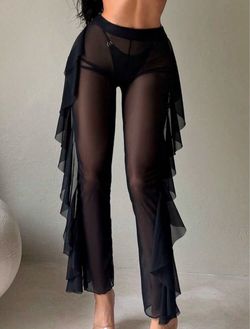 Black Sheer Mesh Ruffle Wide-Leg cover up Pants