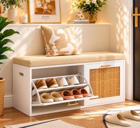 White Shoe Storage Bench with Rattan Door and Padded Seat