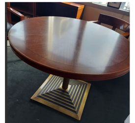 Wood Table With Steel Base & 3 Wood & Leather Chairs 