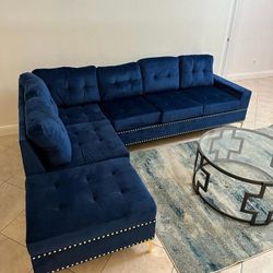 Blue Velvet Sectional Sofa With Cup Holders Reversible New