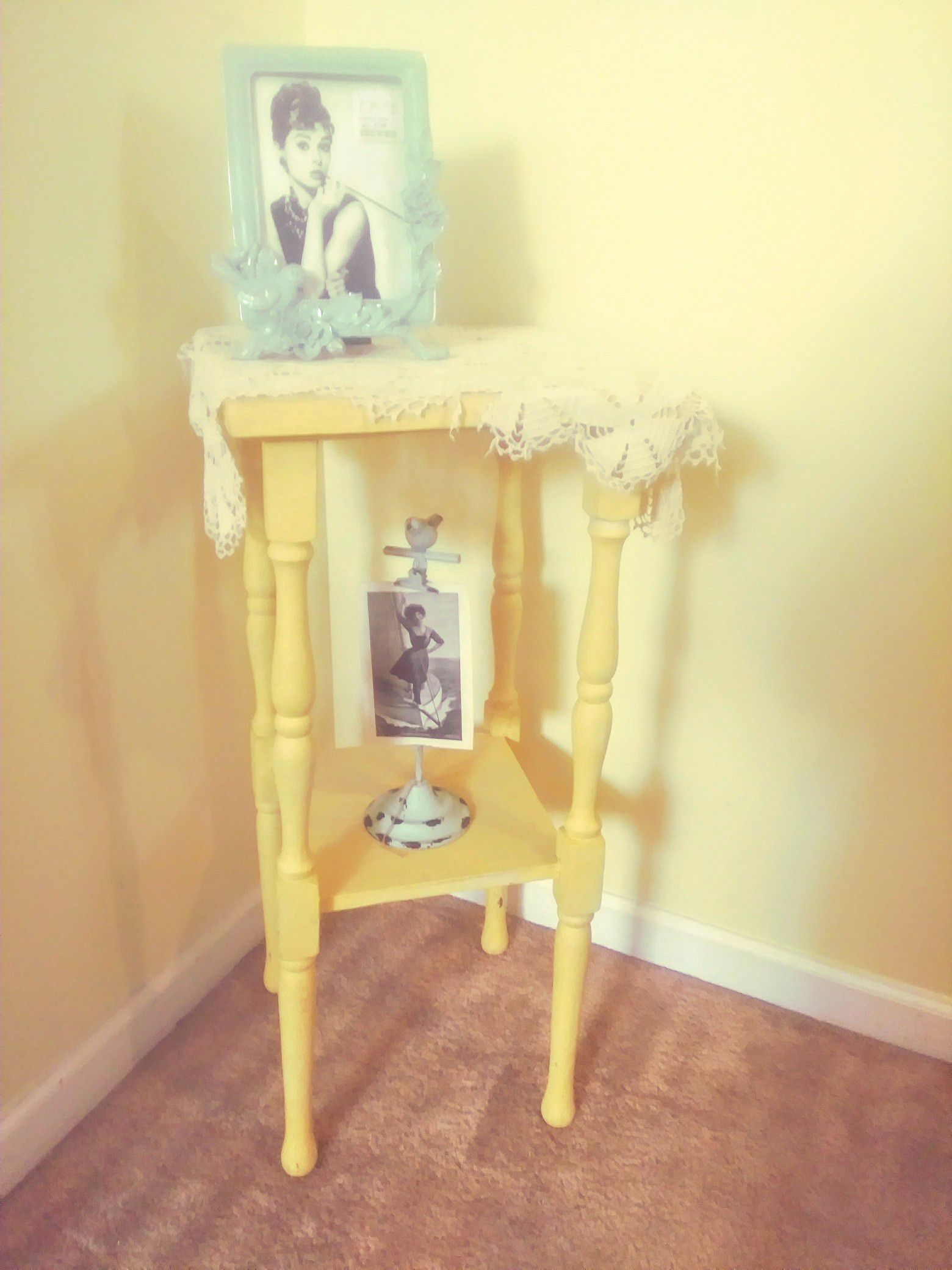 Shabby chic picture frame and wooden stool