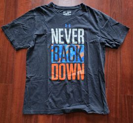 Under Armour "Never Back Down" grey and blue graphic
