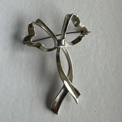  Vintage Sterling Silver Elegant Ribbon or Bow  Long Brooch Pin