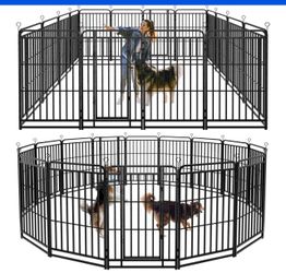 Dog Fence Outdoor 16 Piece Panels 47" Height, Square Steel Pipe with Reinforced Crossbars, Anti-Rust Heavy Duty Dog Playpen with Doors Portable for Ya
