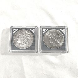 About Uncirculated-AU(50)  Morgan, Silver Dollar & Peace, Silver Dollar. 