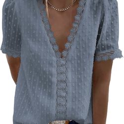 ☀️ Womens Summer Lace Tops V Neck Short Sleeve Shirts Vintage Elegant Polka Dot Blouses Tunic