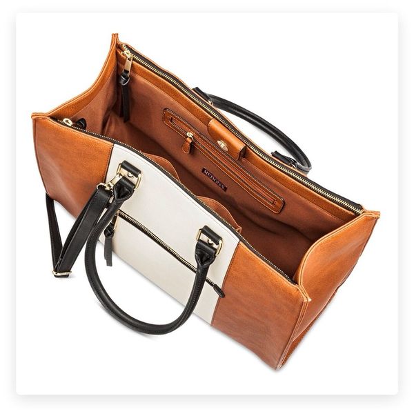 Women S Color Block Tote Faux Leather Handbag With Zip Front Pocket Open In The Continue To Mobile Website