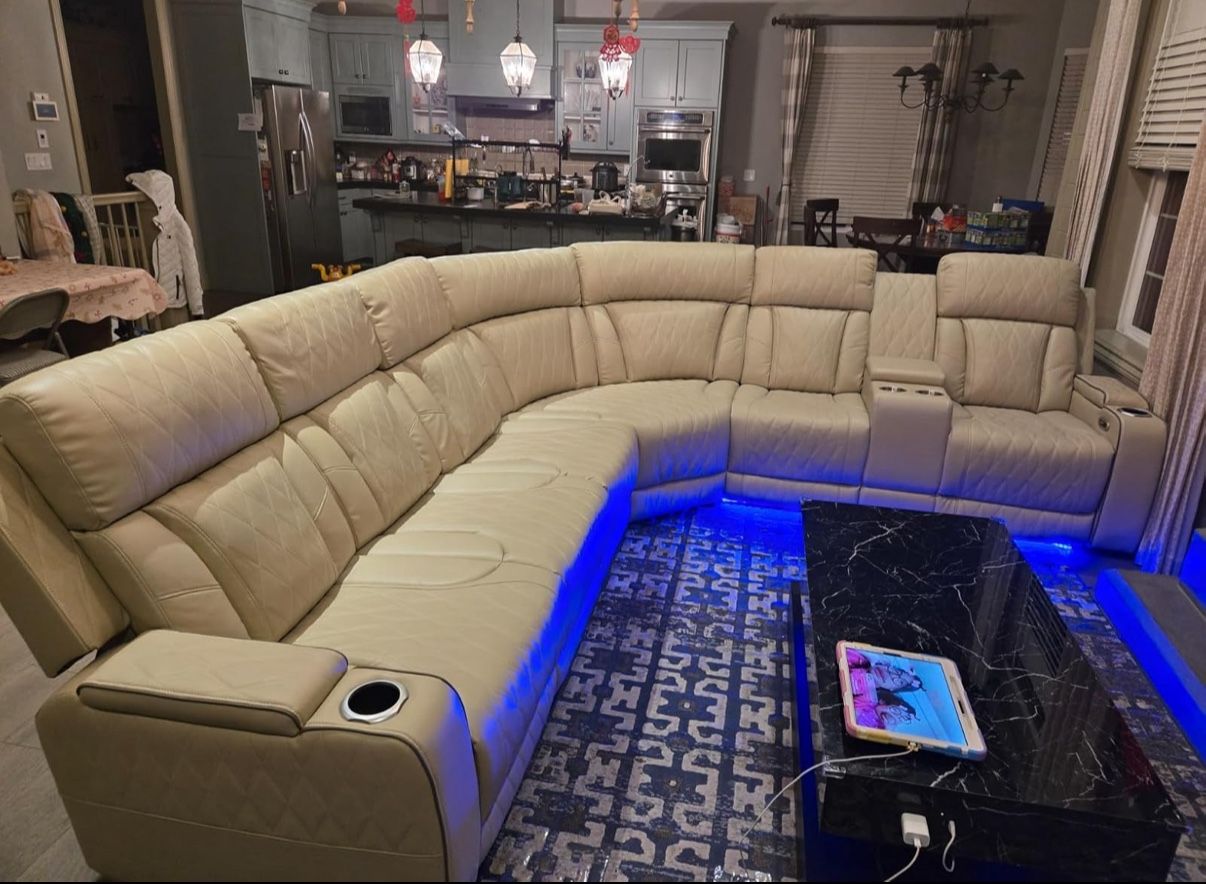 New Beige Leather Power Reclining Couch