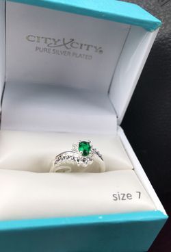 Silver coated emerald ring size 7
