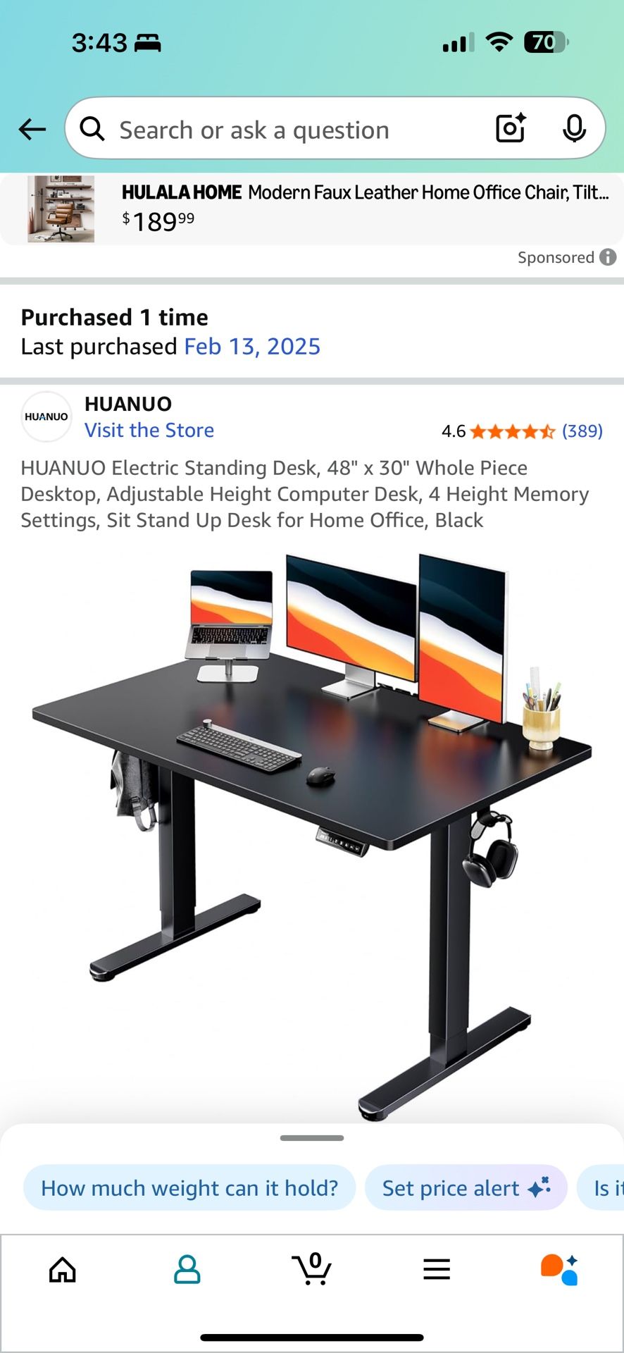 HUANUO Electric Standing Desk, 48" x 30" Whole Piece Desktop, Adjustable Height Computer Desk, 4 Height Memory Settings, Sit Stand Up Desk for Home Of