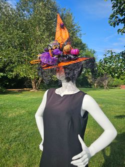 $25.00 - Halloween Witch Motif Decor + Fancy Witch Hat! Handcrafted/Lots of Design Details!