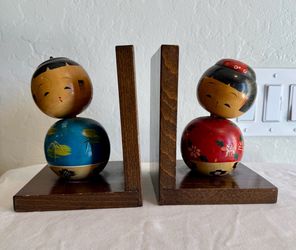 Vintage Japanese Kokeshi Doll Wooden Bookends Bobble head