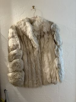 Vintage SAGA Grey/Silver Genuine Fox Fur, Beige Lining And Tan Leather Edging
