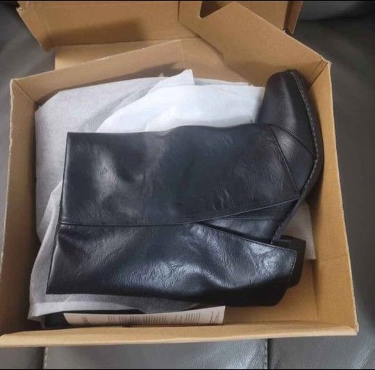 baobeijiadao Womens Square Toe Mid Calf Boots Chunky Heel Fold Over Boots Pull On Non Slip size 7.5