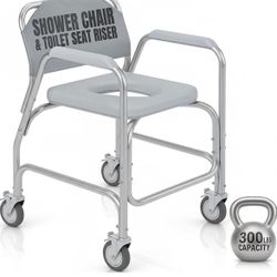  Shower Chair & Toilet Seat Riser for Seniors - Rolling Shower Seat for Elderly, Disabled & Handicapped - Toilet Assistance Products for Adults - Wate