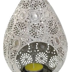 Silver Perforated Metal Tea Light Candle Holder 8.5” Tall Antique Looking