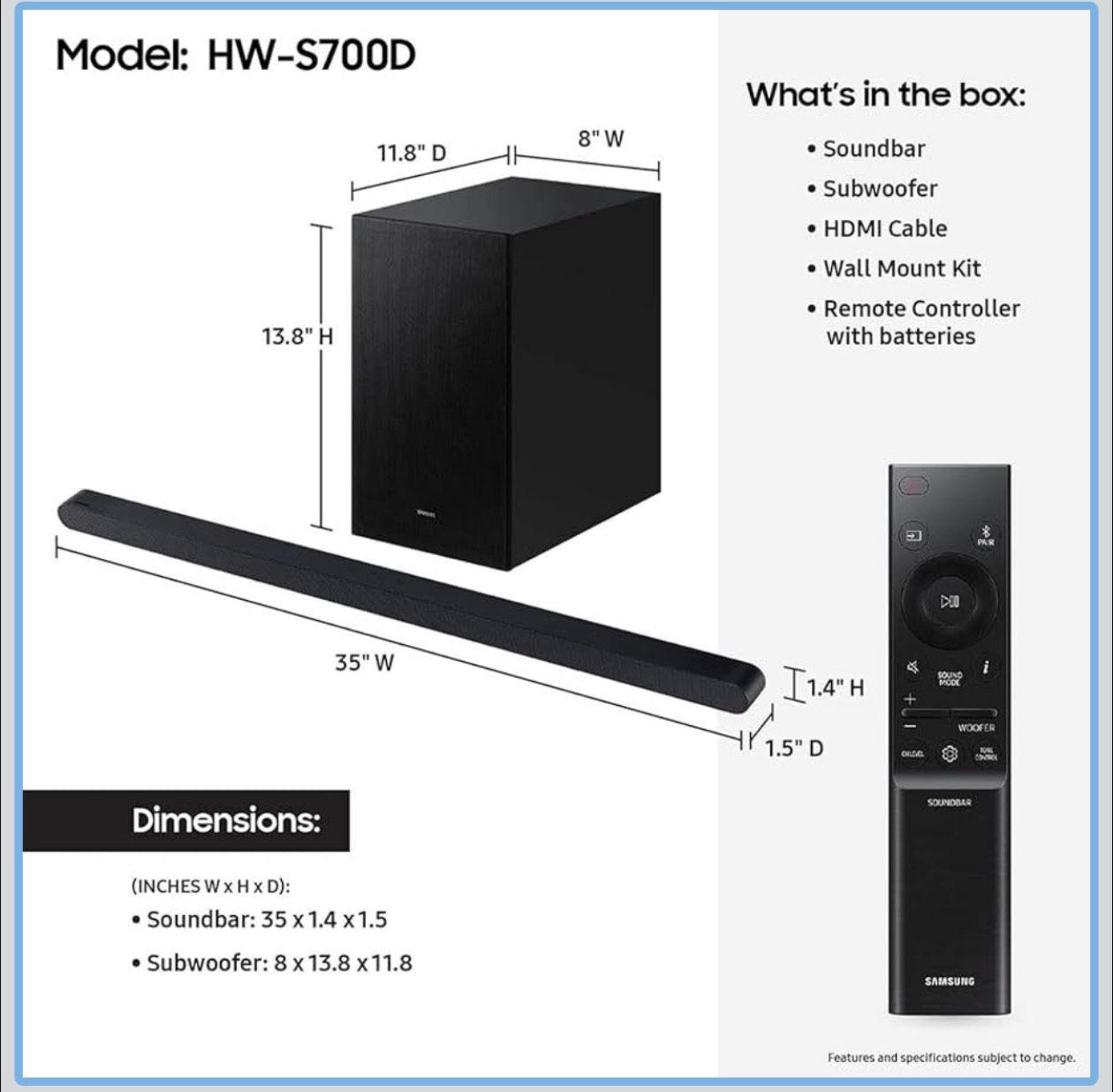 Samsung S700D 3.1ch Soundbar w/Wireless Dolby Atmos Audio, Ultra Slim Design