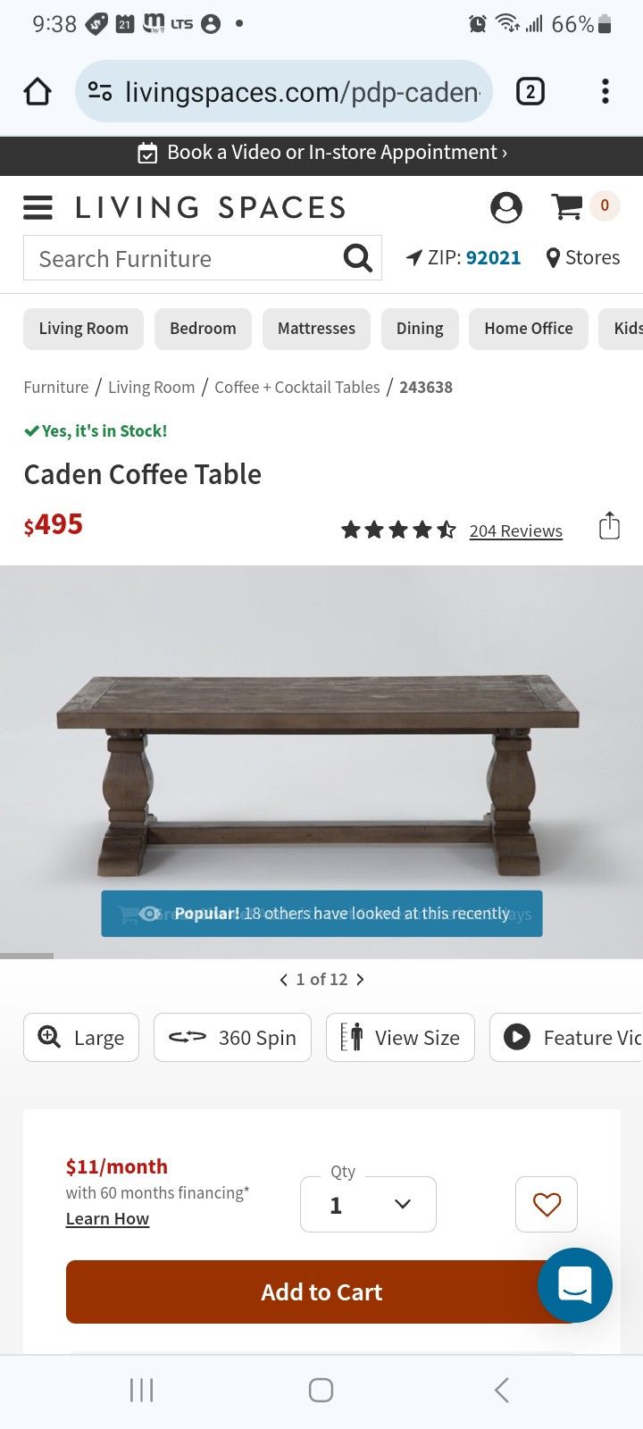 Solid pine wood caden coffee table by living spaces in new condition