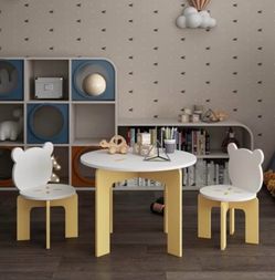 3-Piece Table & Chair Set, Bear-Back Chairs & Stable Wooden Table,