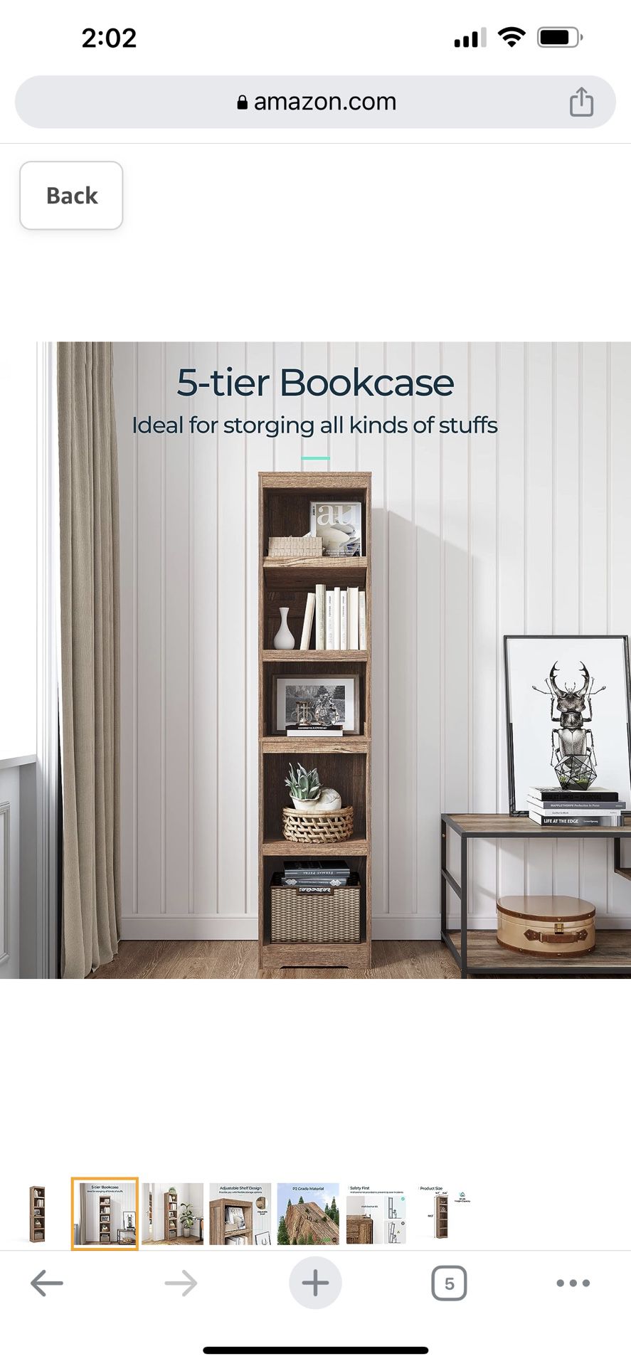 LINSY HOME 5-Shelf Bookcase, Narrow Bookshelves Floor Standing Display Storage Shelves 68 in Tall Bookcase
