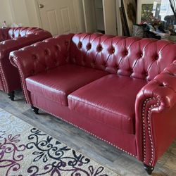 Small red couch and chair in excellent condition