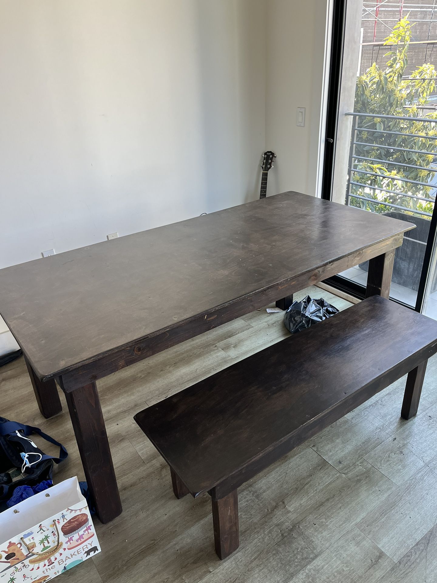 Custom Ebony Reclaimed Wood Dining Table Bench Set