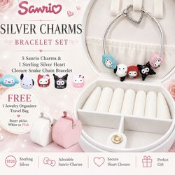 Sterling Silver Heart Closure Snake Chain Bracelet & Silver Sanrio Charms w/box