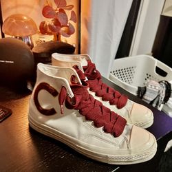 Chuck Taylor Sz 10 - Wht/ Leather w/ Maroon Strings 