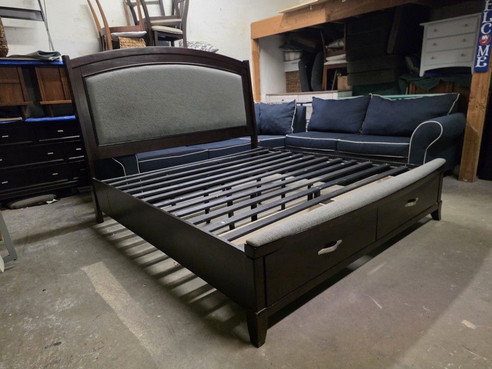 Espresso / Gray Upholstered King Size Platform Bed Frame with Drawers