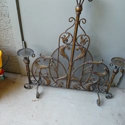 1880s Style Wrought Iron Metal Leaf Candleabra Fire Screen 