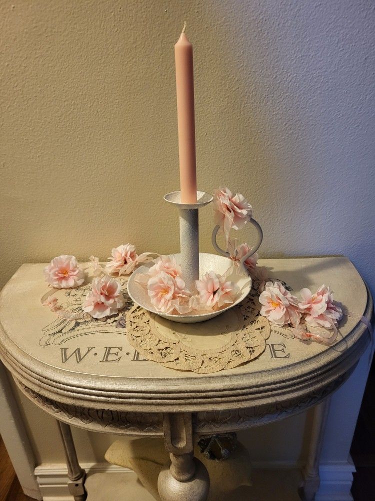 Farmhouse Shabby Metal Candle Holder With Candle And 10 Pink Jewel LED Lights