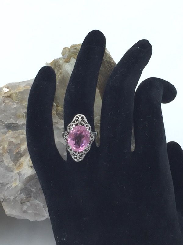Vintage 925 STER Silver Pink Stone Filigree Ring 3.75