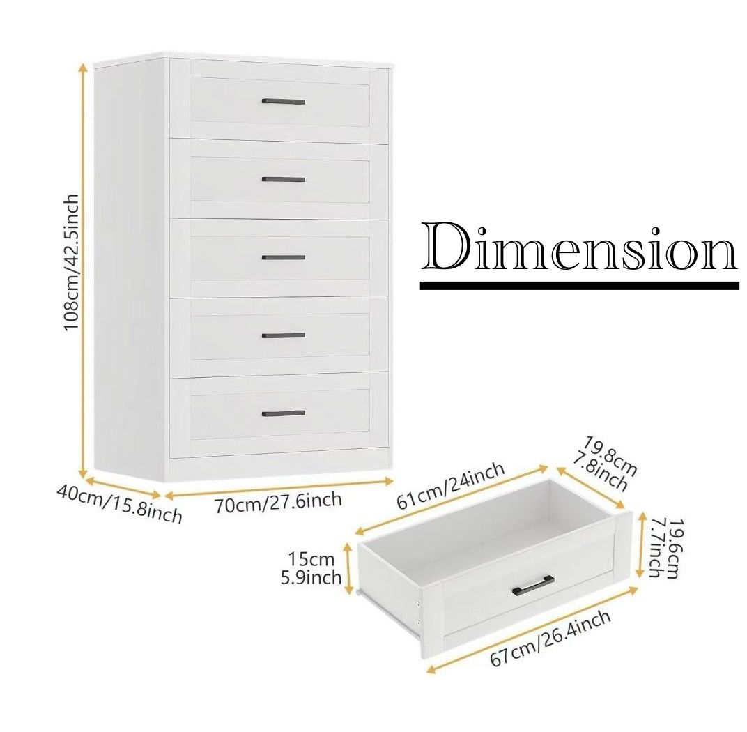 🥨5 Drawer Dresser hifor Bedroom, White Dresser with Deep Drawers, Modern Tall Dresser Farmhouse Wooden Dresser Chest of Drawers for Living Room,
