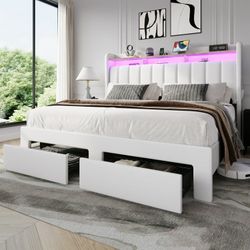  King Size Platform Bed Frame with 2-Tier LED Storage Velvet Wingback Headboard & 2 Storage Drawers, USB & Type-C Charging Ports, White
