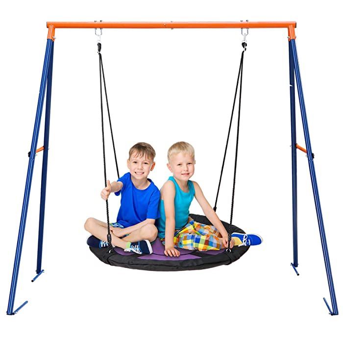 40" Kids Web Tree Swing Saucer Swing Set Combo - 40'' Purple Web Tree Swing + Heavy Duty A-Frame Metal Swing Set, Resilient and Resistant to All Types