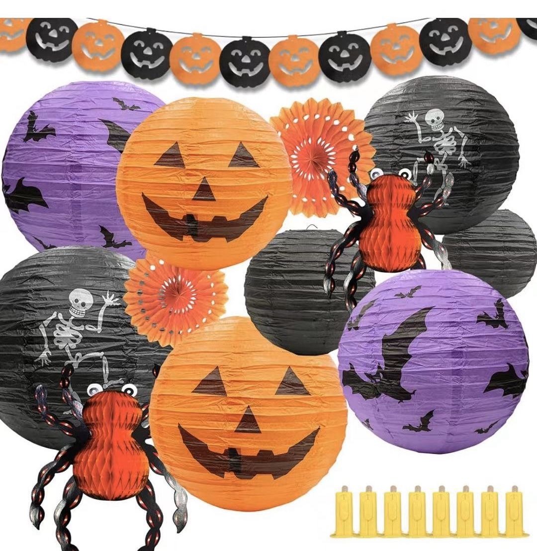 21Pcs Halloween Decoration Paper Lanterns with LED Lights Party Supplies Set Skeleton Bat Hanging Spider Paper Fans Pumpkin Banner Spooky 