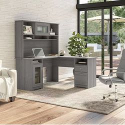 Bush Furniture Cabot L Shaped Desk with Hutch | Corner Desk with Storage for Home Office in Modern Gray | 60W L Shaped Computer Desk$330