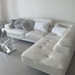 White Faux Leather Sofa Sectional With Adjustable Headrest 