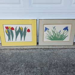 Vintage 1970s Henry Evans Pair of Signed Botanical Linocut Prints
