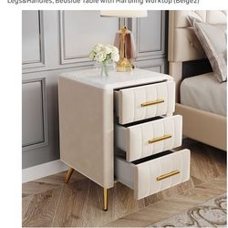 Brand New Two-Tone Beige Upholstered Nightstand – 3 Drawers, Marble Top
