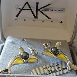 NEW- AK - sterling Silver " Dolphin " ALASKAN BLACK DIAMOND EARRINGS