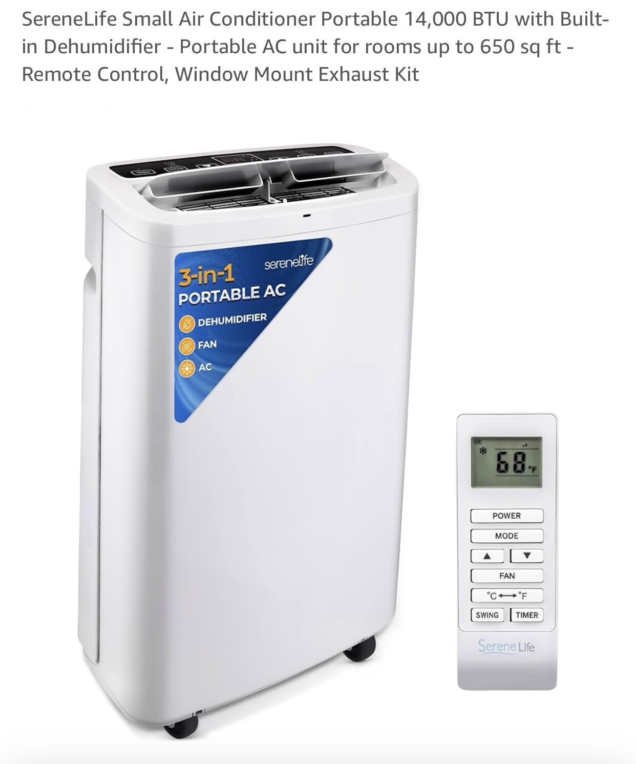 BEAT THE HEAT!!! SereneLife Small Air Conditioner Portable 14,000 BTU w/ Built-in Dehumidifier - Portable AC unit for rooms up to 650 sq ft - Remote