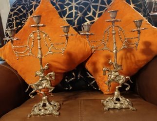 2 VINTAGE BRASS CANDELABRA SET HORSE RIDER CANDLE HOLDER FRENCH STYLE GOTHIC DECOR