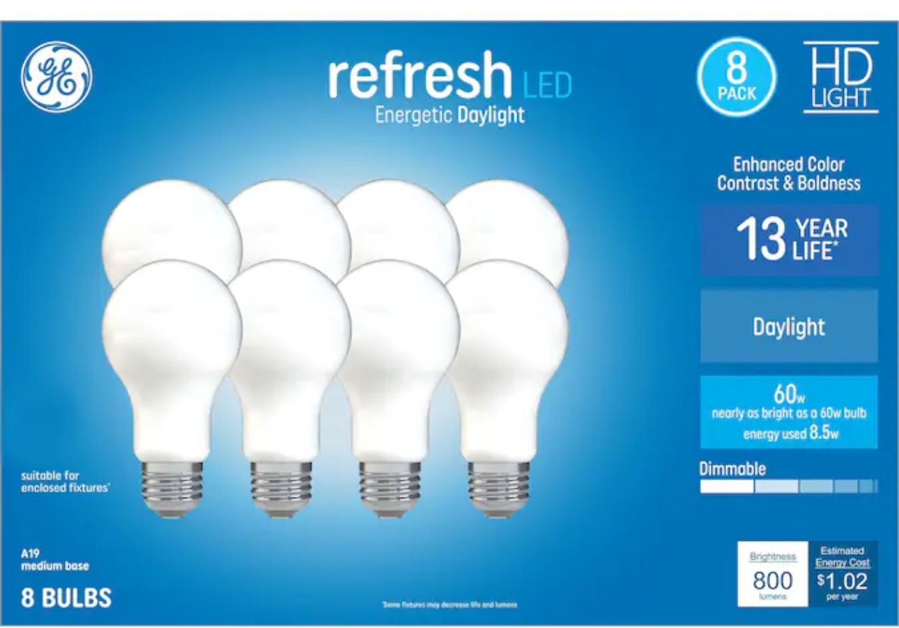 GE Refresh 60.0 -Watt EQ A19 Daylight Medium base (E-26) Dimmable LED General purpose Light Bulb 8 -Pack